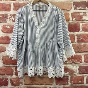 Catherine Malandrino Top Women's 1X Blue White Boho Striped Lace Casual Shirt